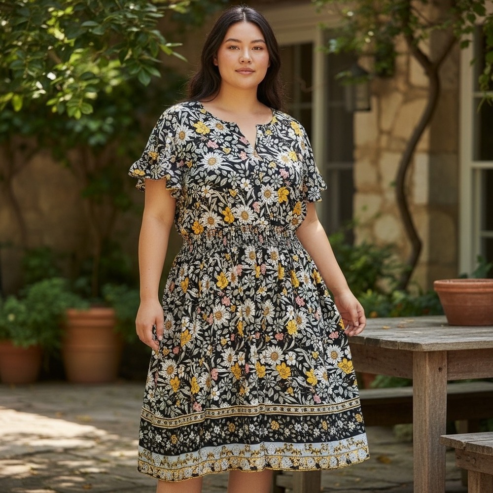 Agnes Orinda Womens 1X Floral Smocked Waist Midi Dress Black Daisy Boho 6351